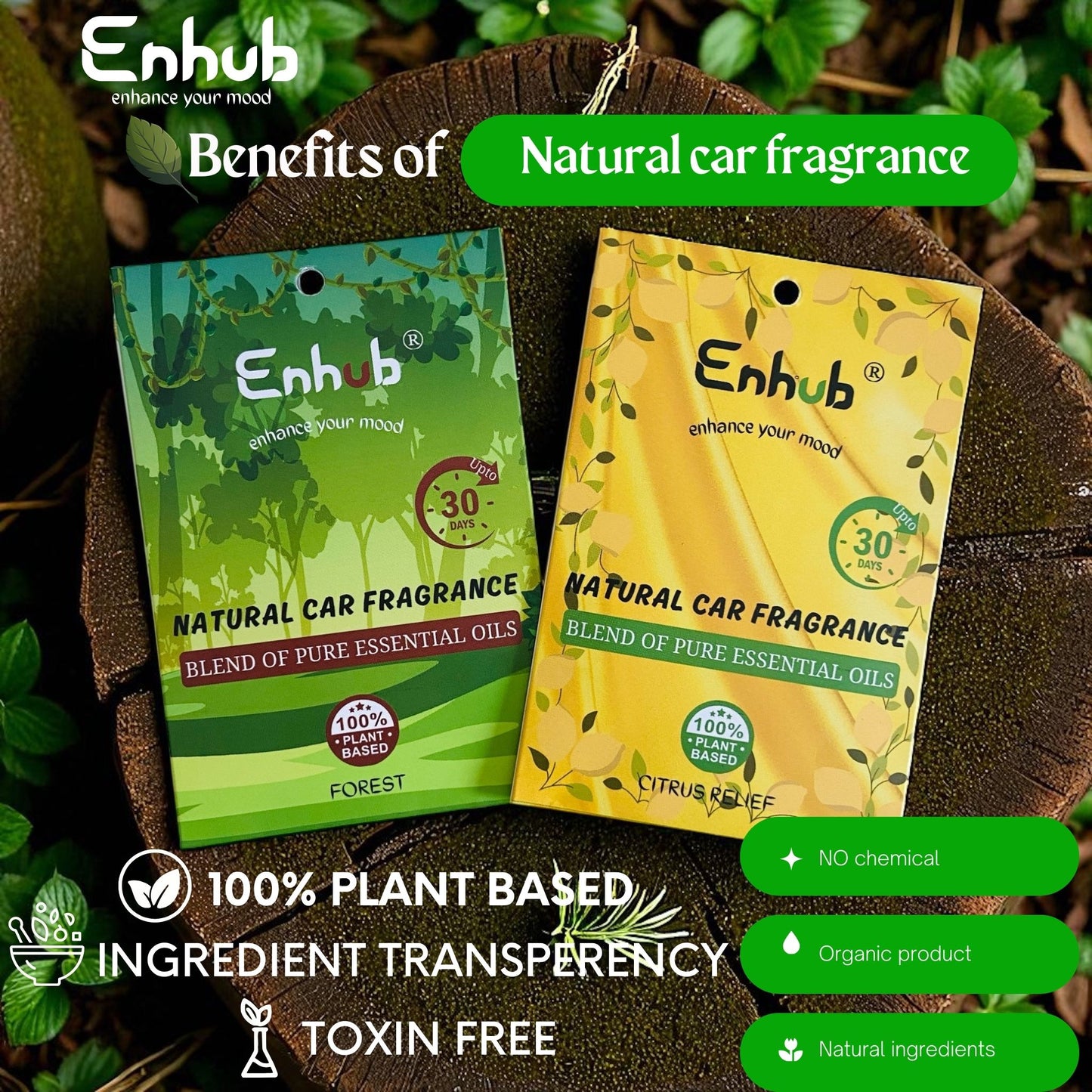 Natural car fragrance|100% Plant based|Blend of pure essential oil|Assorted pack of 2|CITRUS RELIEF AND FOREST